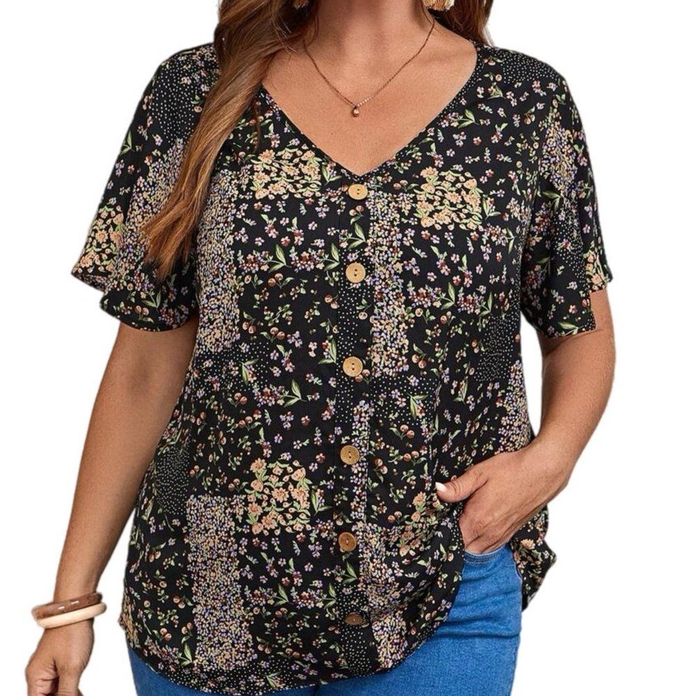 NWT Black Pink Ditsy Floral Button Front Flounce Sleeve Blouse 1XL 14